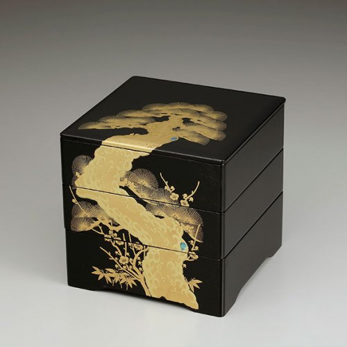 会津漆器 重箱 黒内朱 6.5 三段重 結びのし うるし/漆 JAPAN