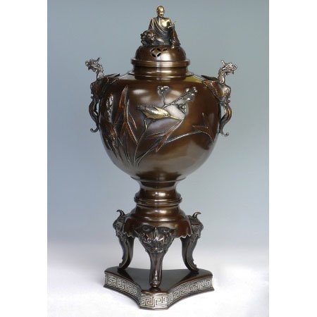 ☆ 美品 高岡銅器 香炉 間取花鳥紋 箱付き H24cm W19.5cm 香立