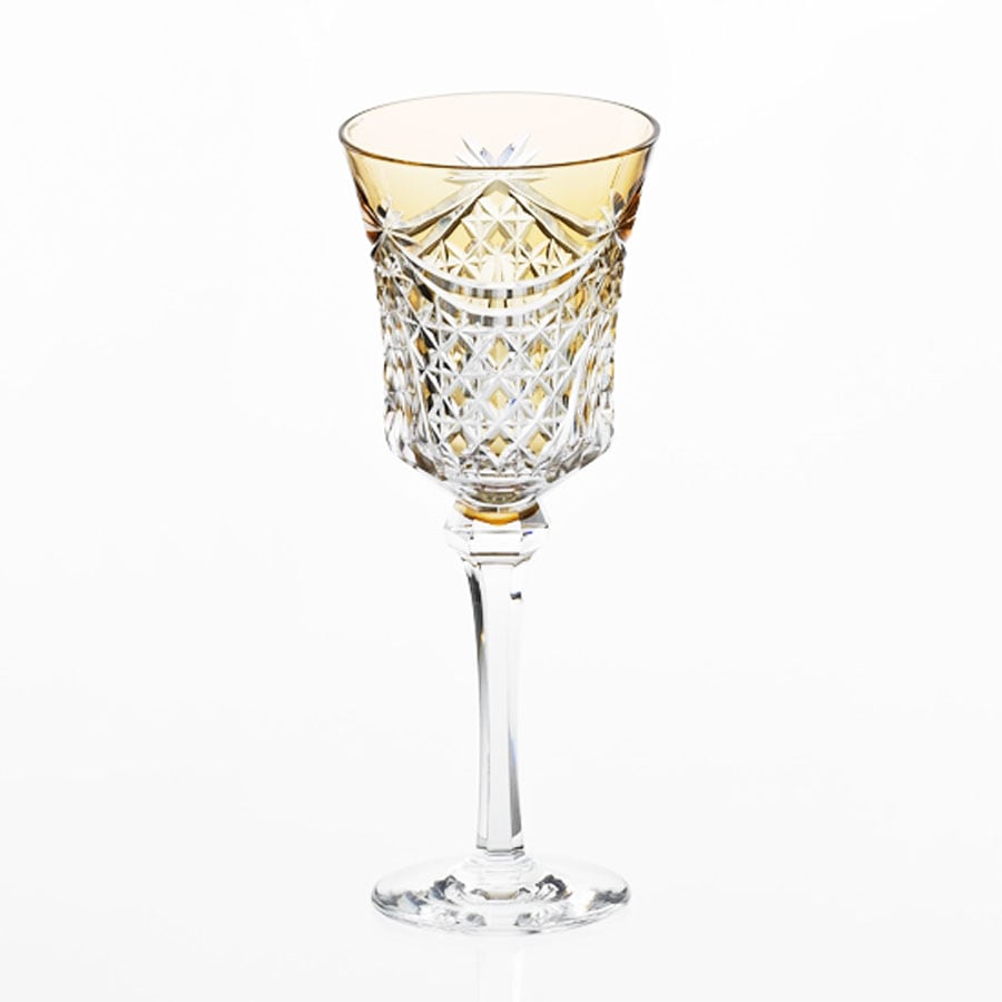 未使用品☆☆ 色被せ硝子　江戸切子　ワイングラス4個セット 江戸切子・ワイングラス5色セット 幕襞に四角籠目 紋 KS3602