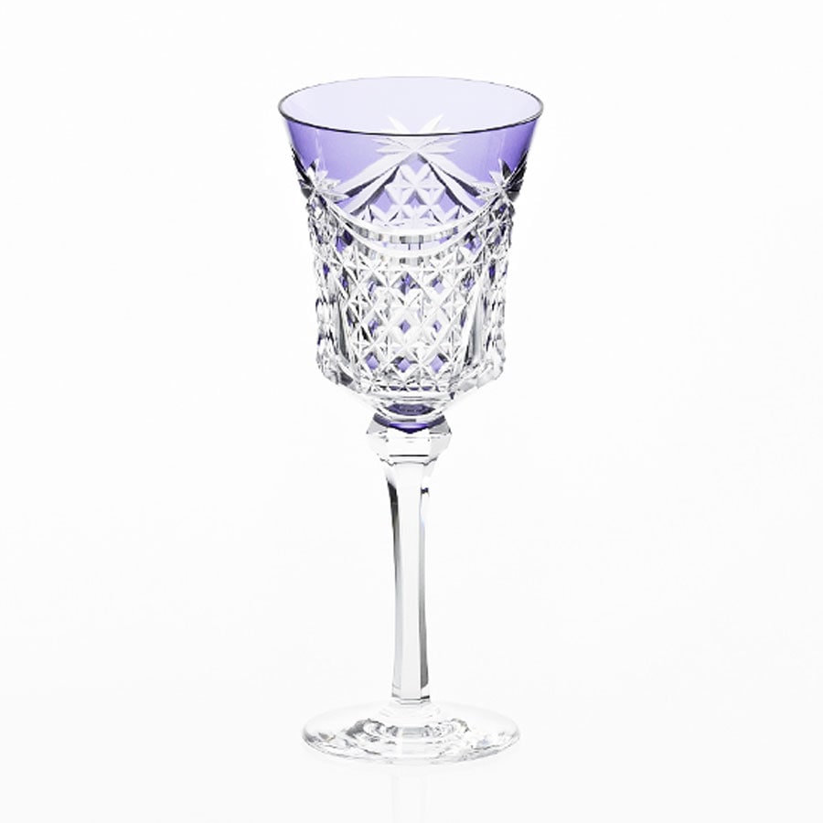 売り切り■ 大正～昭和 紫被せ切子ガラス ワイングラス 6客 高7.3cm オリジナル箱付 アンティーク カットガラス