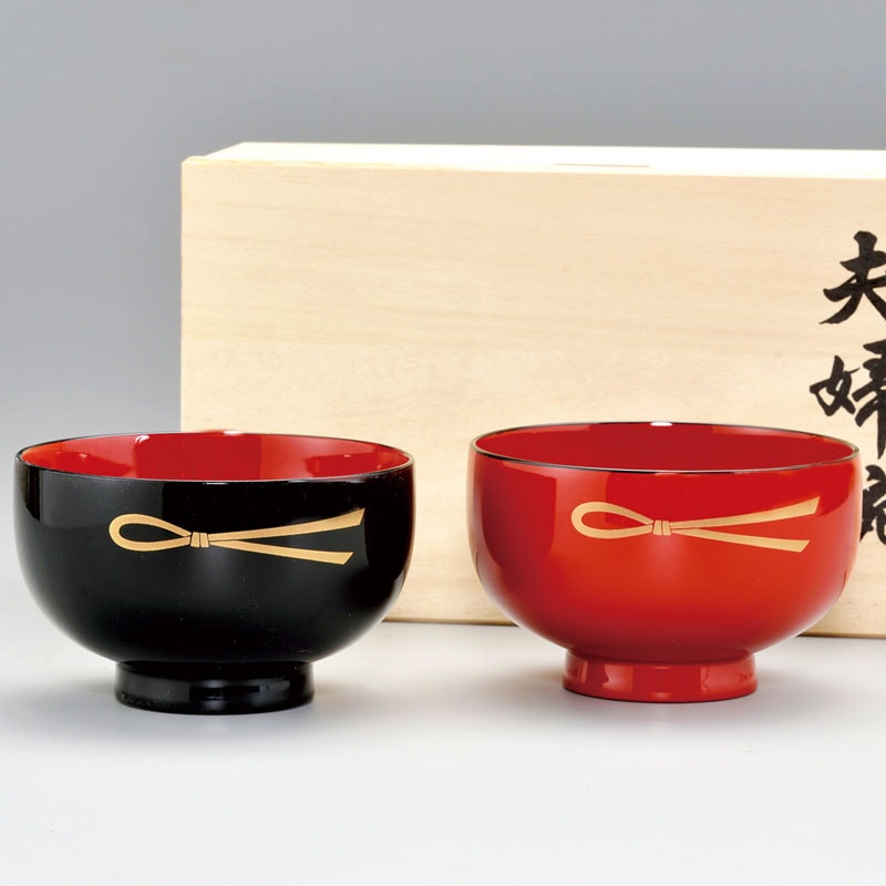 会津漆器 3.8 布袋 夫婦椀 結び松葉 黒/朱 | 食器・飾皿 | 伝統工芸品