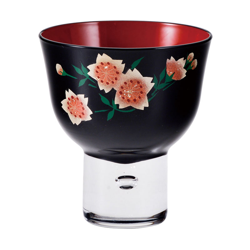 会津漆器 ぐい呑み 山桜（ガラス絵・手描） A.黒内朱 B.朱 | 酒器
