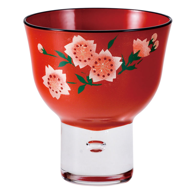 会津漆器 ぐい呑み 山桜（ガラス絵・手描） A.黒内朱 B.朱 | 酒器