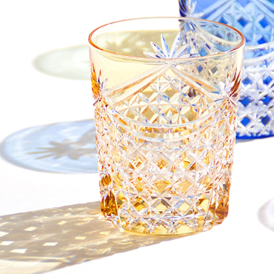 江戸切子 ロックグラス＜幕襞に四角籠目紋＞黄 KAGAMI | ロックグラス