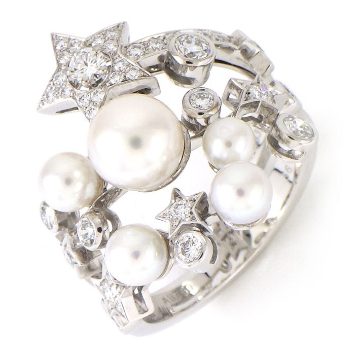【シャネル CHANEL】リング コメット J10213 スター 流れ星 モチーフ 45ポイント ダイヤモンド 0.97ct 5ポイント パール 4.1-6.5mm珠 K18WG 15.5号 / #56 
