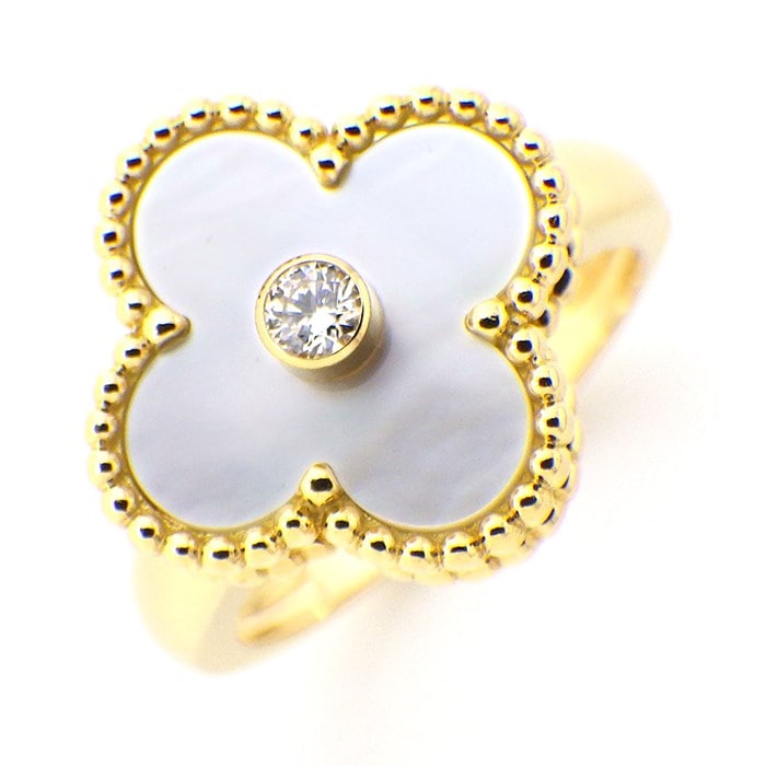 【ヴァンクリーフ＆アーペル Van Cleef & Arpels】リング ヴィンテージ アルハンブラ ホワイトシェル 白 1ポイント ダイヤモンド K18YG 12号 / #52 