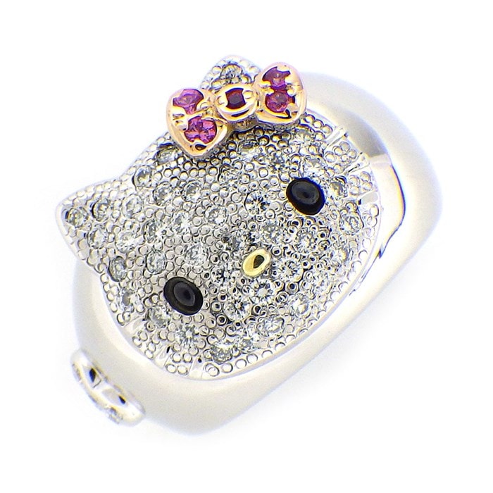 【ピンクサファイア オニキス】 リング ハローキティ サンリオ コラボ ピンクサファイア 0.07ct オニキス ダイヤモンド 0.41ct K18WG K18YG 10.5号 