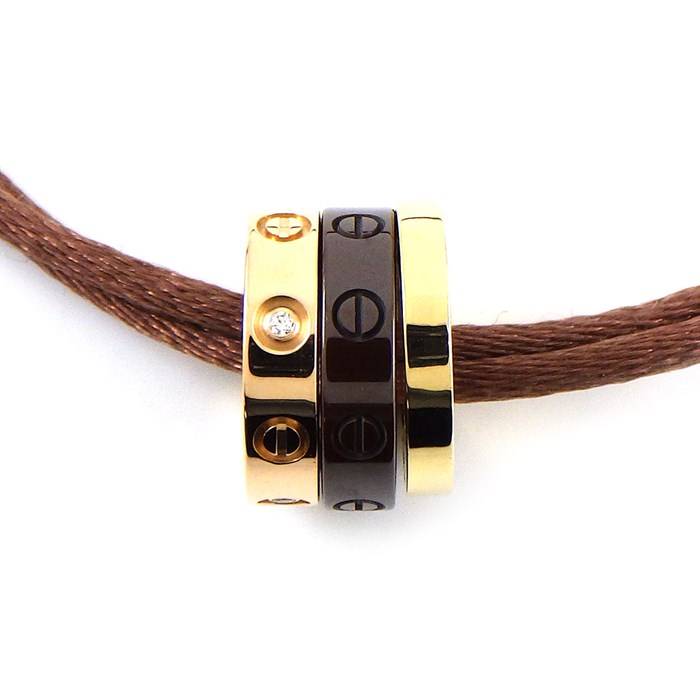 【カルティエ Cartier】ブレスレット ラブブレス スリーフープ ハーフ 4ポイント ダイヤモンド K18YG K18PG ブラウン セラミック コットンコード