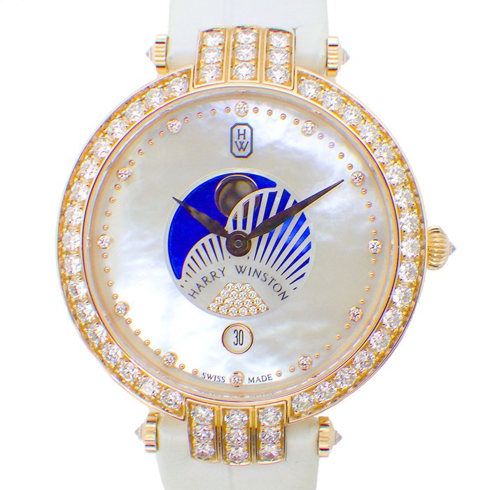 ハリーウィンストン HARRY WINSTON 腕時計 プルミエール ムーンフェイズ PRNQMP36RR001 ダイヤ インデックス/ベゼル/尾錠 計 約 2.58ct K18PG ホワイト 白 パール レザー クオーツアナログ 【箱・保付き】 【中古】