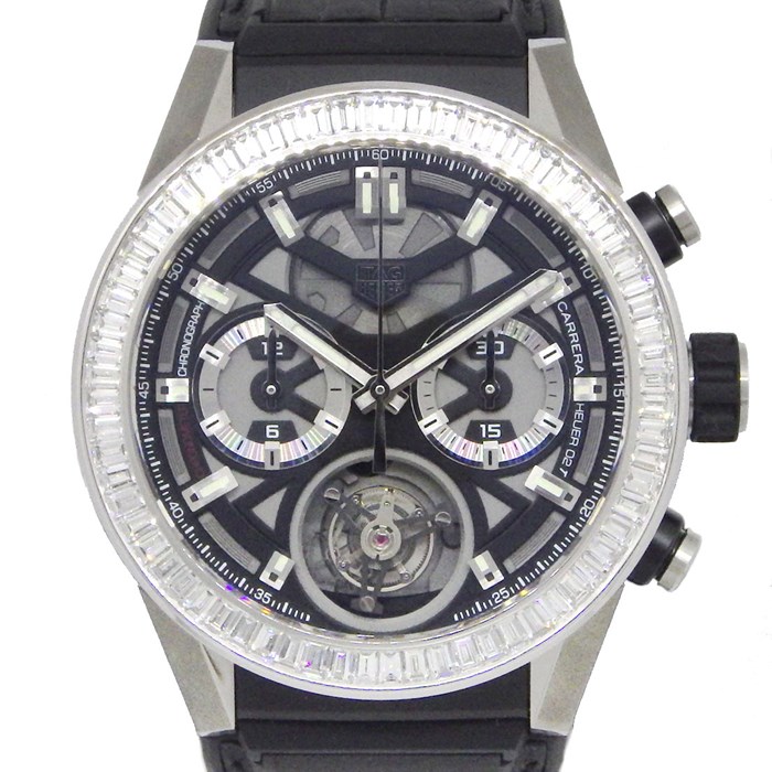 タグ・ホイヤー TAG Heuer 腕時計 カレラキャリバーホイヤー CAR5A81.FC6377 クロノグラフ スケルトン文字盤 バケットダイヤベゼル 4.370ct(VVS) PVD ブラック 黒 クロコ レザー 自動巻き 【箱・保付き】 【中古】