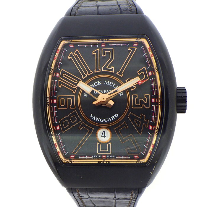 フランクミュラー FRANCK MULLER 腕時計 ヴァンガード V45 SCDTJ TTNR BR5N カレンダー ブラック文字盤 カレンダー チタン K18PG ブラック 黒 クロコレザーベルト ブラック 黒 ラバー 自動巻き 【箱・保付き】 【中古】