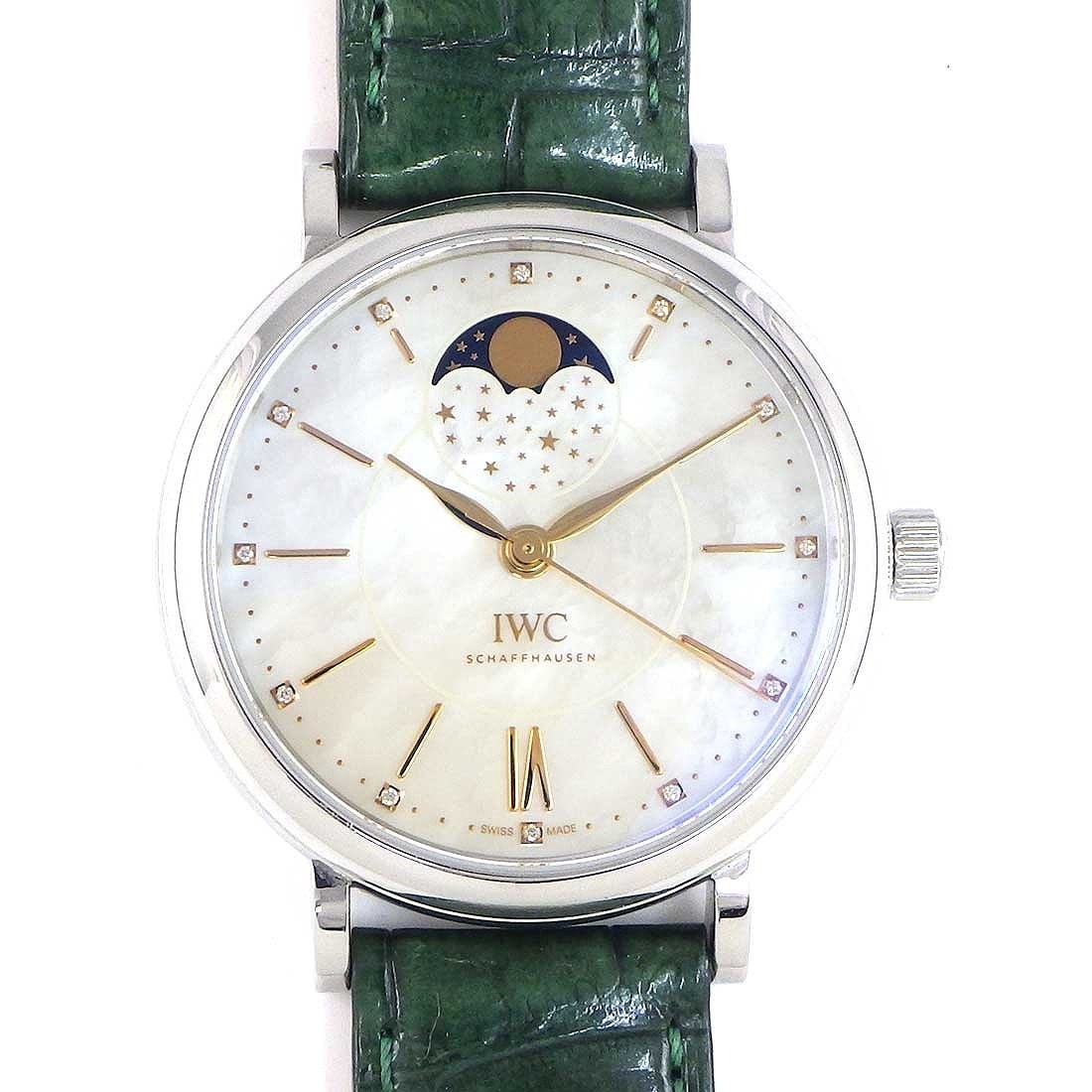 IWC 腕時計 ポートフィノ オートマティック ムーンフェイズ37 IW459007 12ポイント ダイヤインデックス ホワイトシェル 白 文字盤 SS グリーン アリゲーターレザーベルト 自動巻き 【箱・保付き】 【中古】