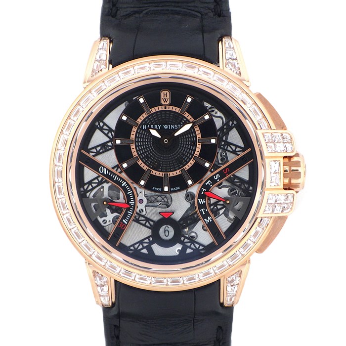 ハリーウィンストン HARRY WINSTON 腕時計 オーシャン バイレトログラード OCEABI42RR002 ダイヤベゼル/ラグ/尾錠 約 4.41ct 限定20本 スケルトン K18PG ブラック 黒 アリゲーターレザーベルト 自動巻き 【箱・保付き】 【中古】