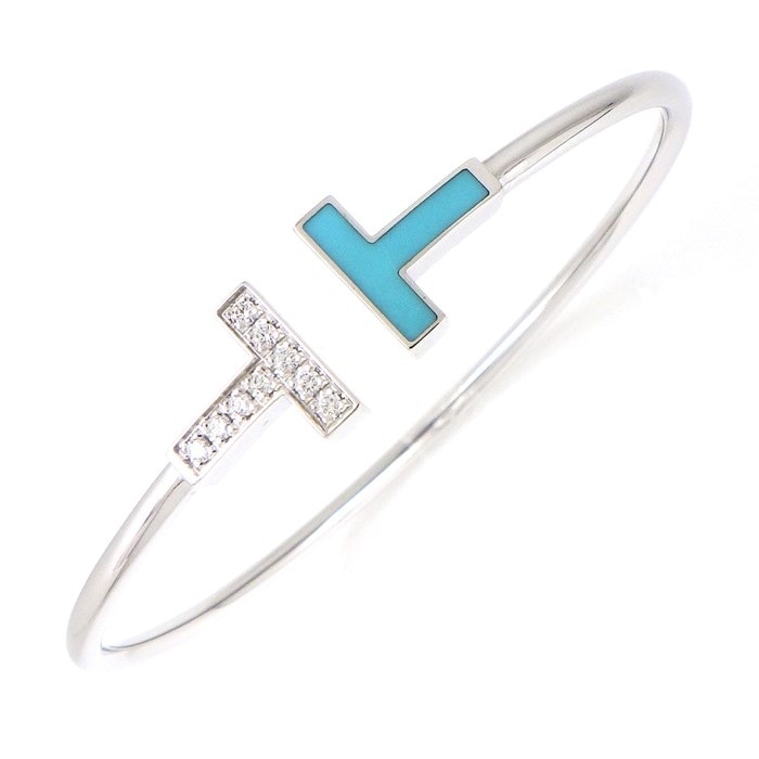 【ティファニー Tiffany & Co.】バングル Tワイヤー ターコイズ トルコ石 ダイヤモンド 0.11ct K18WG 