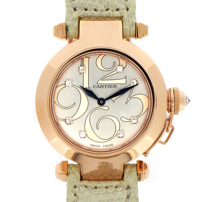 【カルティエ Cartier】腕時計 パシャ 32mm WJ123021 ビッグアラビア 3 6 9 12 8ポイント ダイヤモンド インデックス シルバー サンレイ 文字盤 K18PG シルバー/グレー アリゲーター レザー ベルト 白 クオーツアナログ 