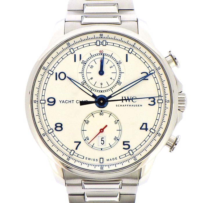 【IWC】腕時計 ポルトギーゼ ヨットクラブ IW390702 カレンダー クロノグラフ スモールセコンド 裏スケ ブルー インデックス シルバーホワイト 文字盤 白 SS 自動巻き 【箱・保付き】 