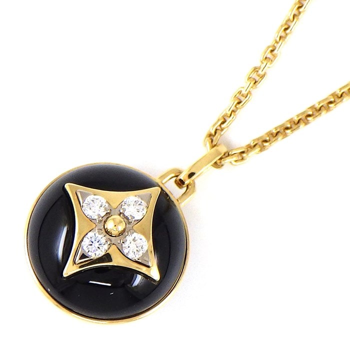 【ルイ・ヴィトン LOUIS VUITTON】ネックレス パンダンティフ PM Bブロッサム Q93758 モノグラム ラウンド ボール オニキス 4ポイント ダイヤモンド 0.07ct K18YG 【箱・保付き】 