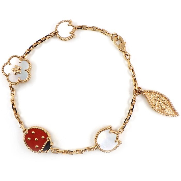 【ヴァンクリーフ＆アーペル Van Cleef & Arpels】ブレスレット ファウナ ラッキースプリング VCARP7RR00 てんとう虫 チューリップ フラワー リーフ 5モチーフ 新作 オニキス カーネリアン ホワイトシェル K18RG(PG) 白 【箱・保付き】 