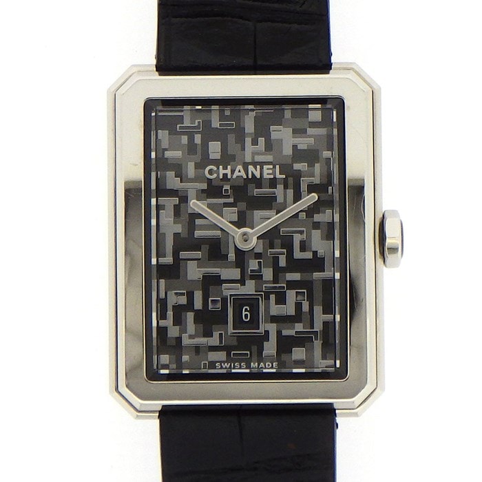 【シャネル CHANEL】腕時計 ボーイフレンド ネオツィード H6128 カレンダー グレー 文字盤 SS ブラック アリゲーターレザーベルト 黒 クオーツアナログ 