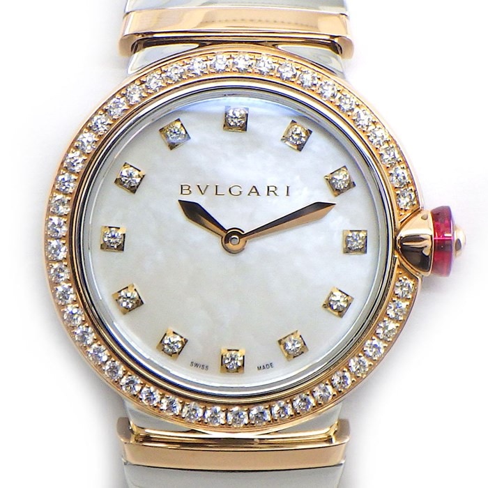 【ブルガリ BVLGARI】腕時計 ルチェア ダイヤベゼル 12ポイント ダイヤインデックス ホワイトシェル文字盤 白 K18PG SS クオーツアナログ 【箱・保付き】
