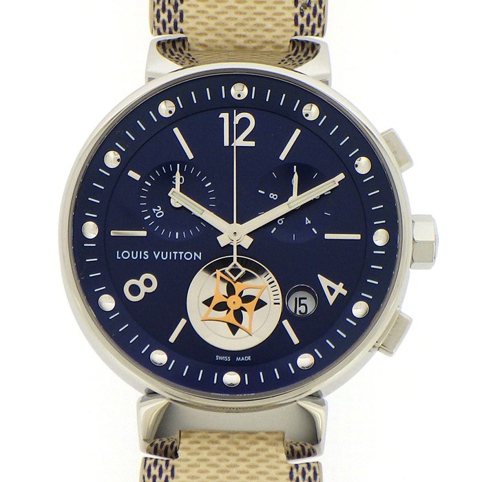 【ルイ・ヴィトン LOUIS VUITTON】腕時計 タンブール QA032 カレンダー クロノグラフ モノグラム スモールセコンド ネイビー文字盤 アイボリー ダミエ アズール レザーベルト 革 SS クオーツアナログ 