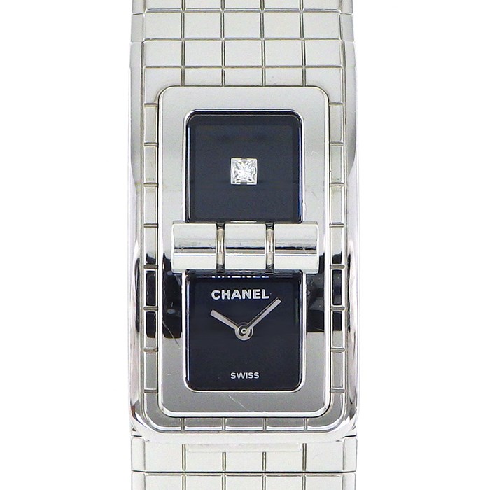 【シャネル CHANEL】腕時計 コード ココ H5144 1ポイント ダイヤモンド ブラック 文字盤 黒 スクエア メッシュ ベルト SS クオーツアナログ 【箱・保付き】 