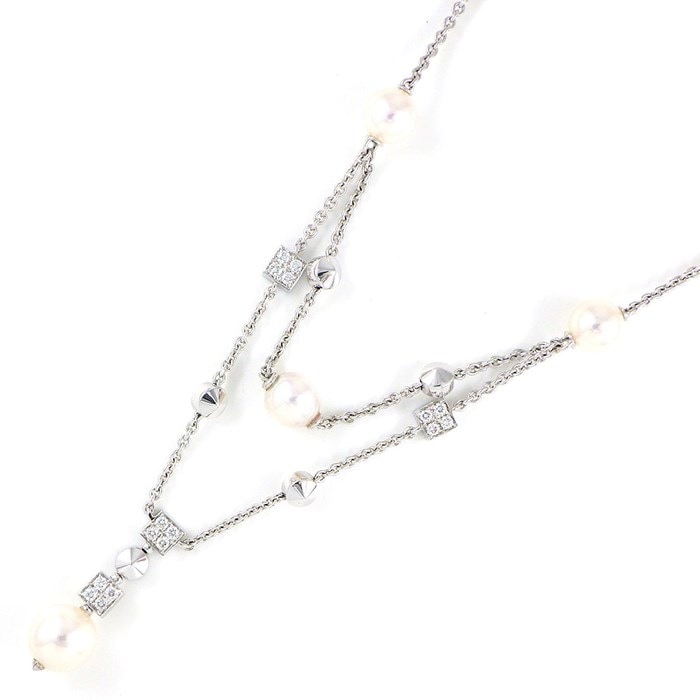【ブルガリ BVLGARI】ネックレス ルチア スクエア ラウンド モチーフ 2ロウ パール 7.0-9.0mm珠 ダイヤモンド K18WG 