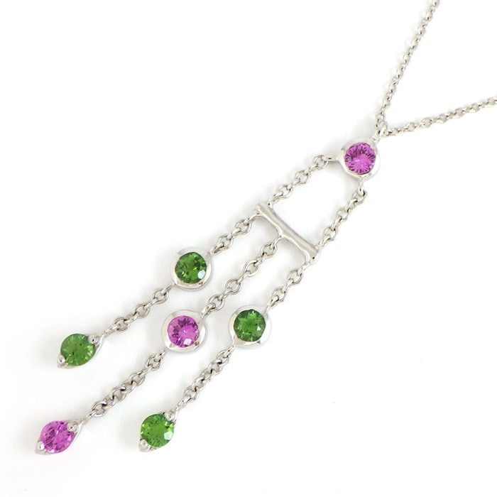 【ティファニー Tiffany & Co.】ネックレス ドロップ スウィング チェーン ラウンド ピンクサファイア グリーンガーネット K18WG 