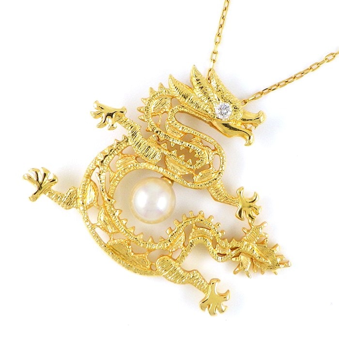 【タサキ 田崎真珠 TASAKI】ネックレス 龍 竜 ドラゴン モチーフ 2012年限定 1ポイント パール 6.0mm珠 1ポイント ダイヤモンド 0.03ct K18YG 