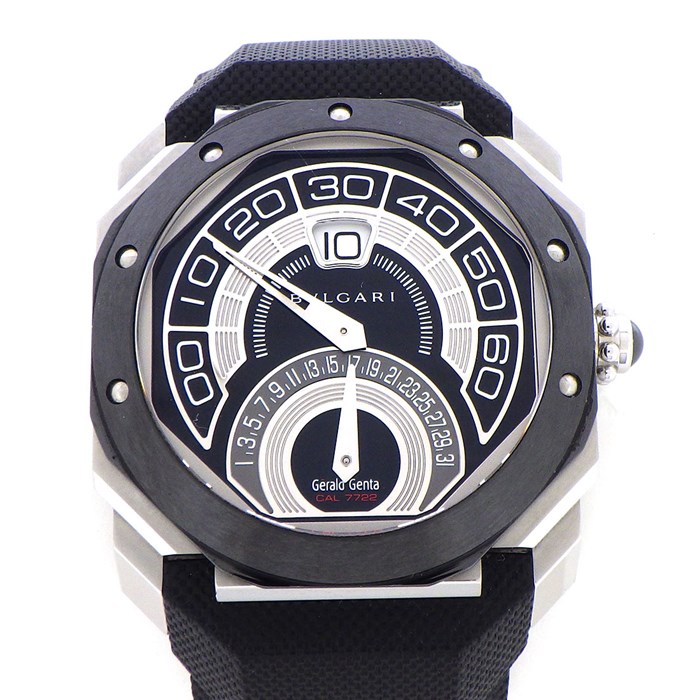 ブルガリ BVLGARI 腕時計 ジェラルド・ジェンタ オクトバイレトロ OBR.Y.1C レトログラード カレンダー 裏スケ ジャンピングアワー ブラック 文字盤 SS セラミック ブラック ラバーベルト 黒 自動巻き 【中古】