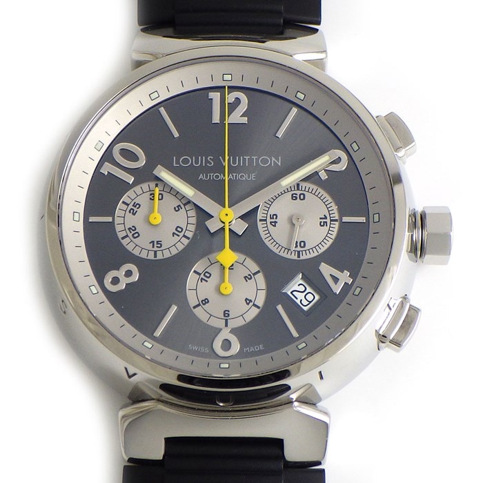 【訳あり】 【ルイ・ヴィトン LOUIS VUITTON】腕時計 タンブールクロノ Q1120 グレーサンレイ文字盤 カレンダー クロノグラフ スモールセコンド SS ラバー 自動巻き 【箱・保付き】 