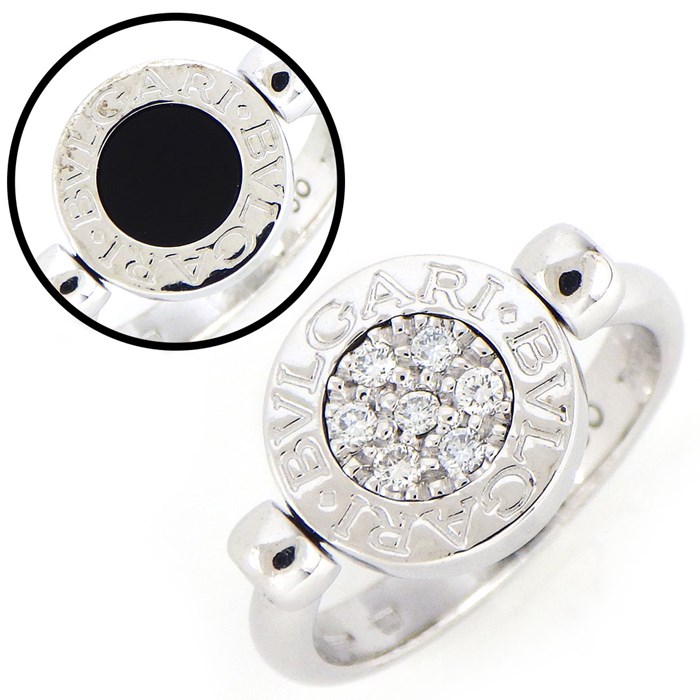 【ブルガリ BVLGARI】リング ブルガリ・ブルガリ フリップ ラウンド サークル ロゴ パヴェ ダイヤモンド オニキス K18WG 10号 / #50 