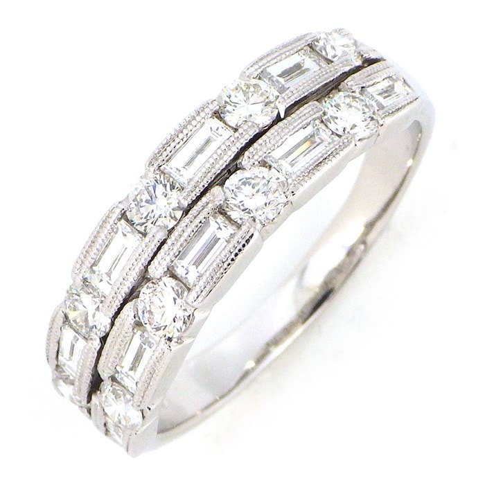 【クイーン Queen】リング 2ロウ 9ポイント バゲットカット 9ポイント ラウンドカット ダイヤモンド 1.25ct K18WG 17.5号 