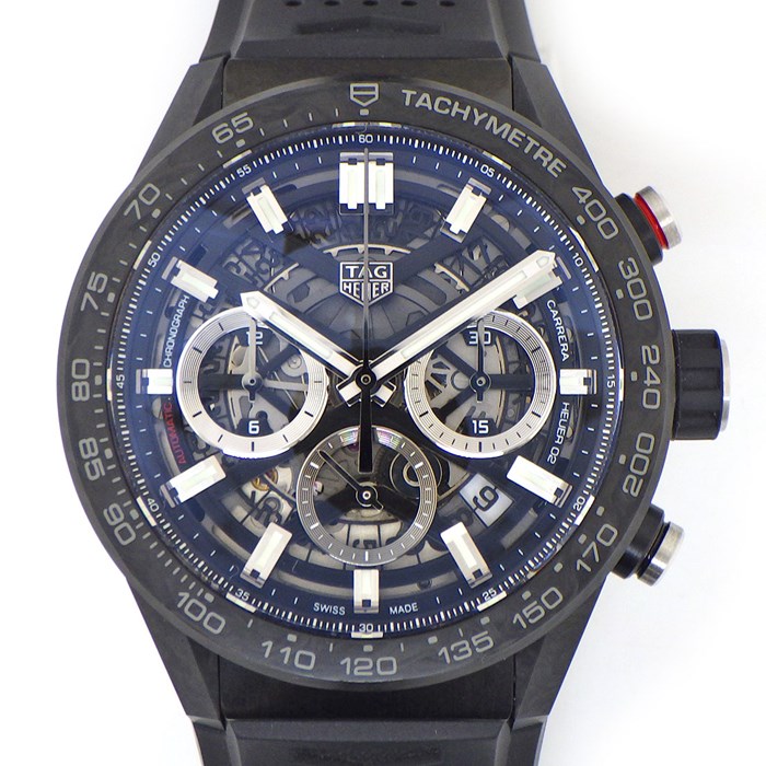 【タグ・ホイヤー TAG Heuer】腕時計 カレラ CBG2016.FT6143 スケルトン文字盤 カレンダー クロノグラフ タキメーター スケルトン スモールセコンド 裏スケ PVD(SS) カーボン チタン ブラック ラバーベルト 黒 自動巻き