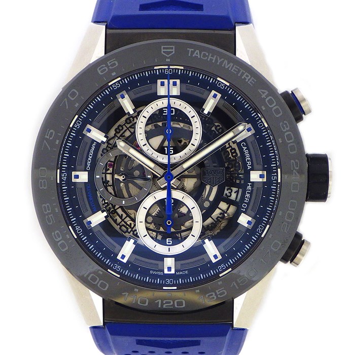 【タグ・ホイヤー TAG Heuer】腕時計 カレラキャリバーホイヤー01 CAR2A1T.FT6052 スケルトン文字盤 カレンダー クロノグラフ スケルトン スモールセコンド 裏スケ SS ラバー 自動巻き 【箱・保付き】 