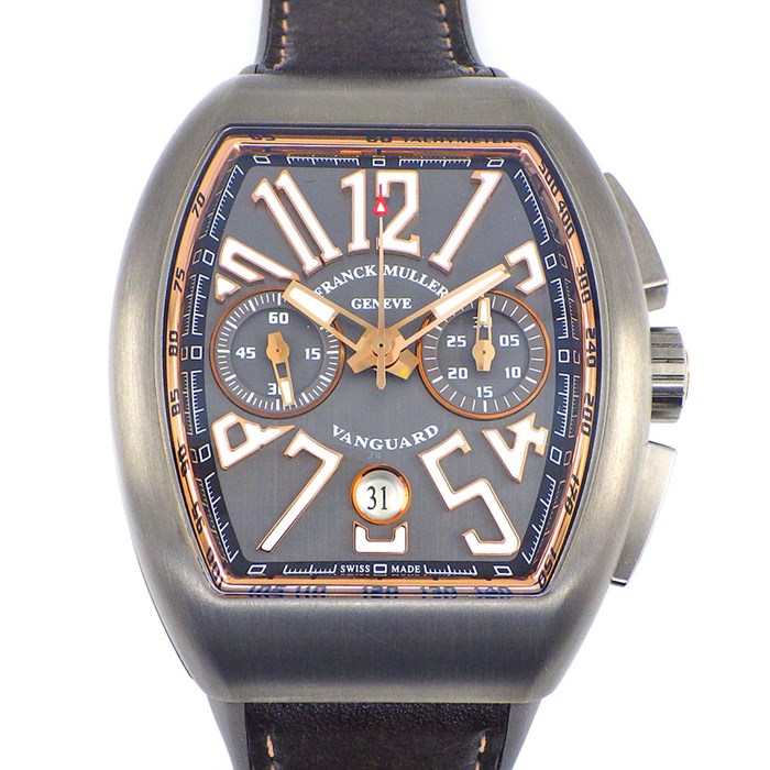 【フランクミュラー FRANCK MULLER】腕時計 ヴァンガード クロノグラフ V45CCDTTTBR5N デイト カレンダー クロノグラフ タキメーター スモールセコンド グレー ギョーシェ 文字盤 チタン K18PG ブラウン レザー ラバー ベルト 自動巻き 【箱・保付き】 