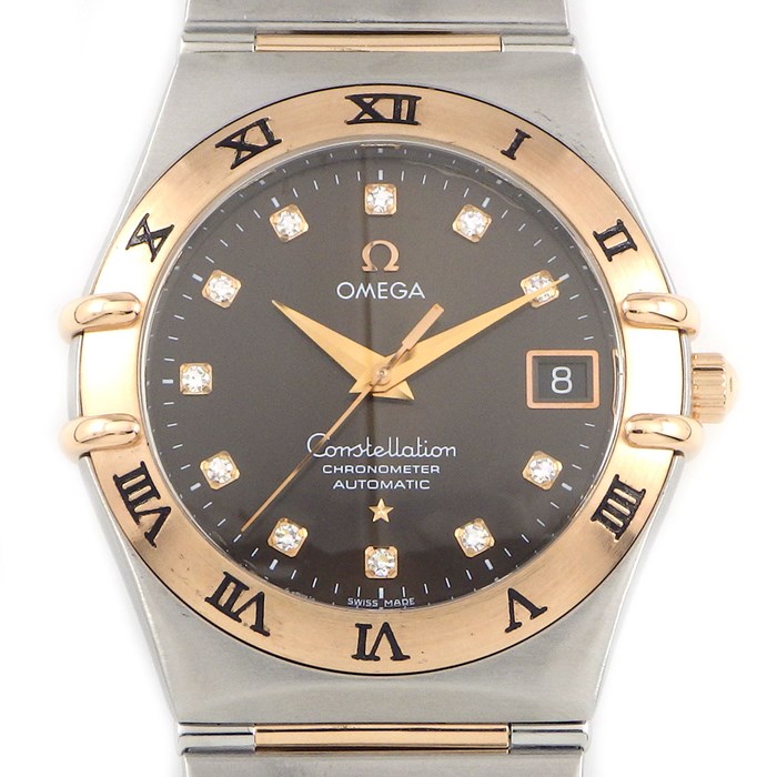 ★最終お値引き品★ 【オメガ OMEGA】腕時計 コンステレーション 1301-60 11ポイント ダイヤインデックス ローマ数字 ベゼル カレンダー ブラウン 文字盤 ダイヤモンド K18PG SS 自動巻き 