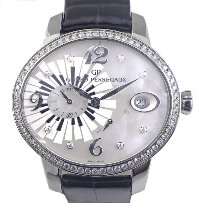【ジラール・ペルゴ Girard-Perregaux】腕時計 キャッツアイ 80486D11A1546-CK6A ダイヤベゼル 8ポイント ダイヤインデックス ホワイトシェル 白 文字盤 カレンダー パワーリザーブインジケーター 裏スケ ピアノモチーフ SS ブラック 黒 レザーベルト 自動巻き 