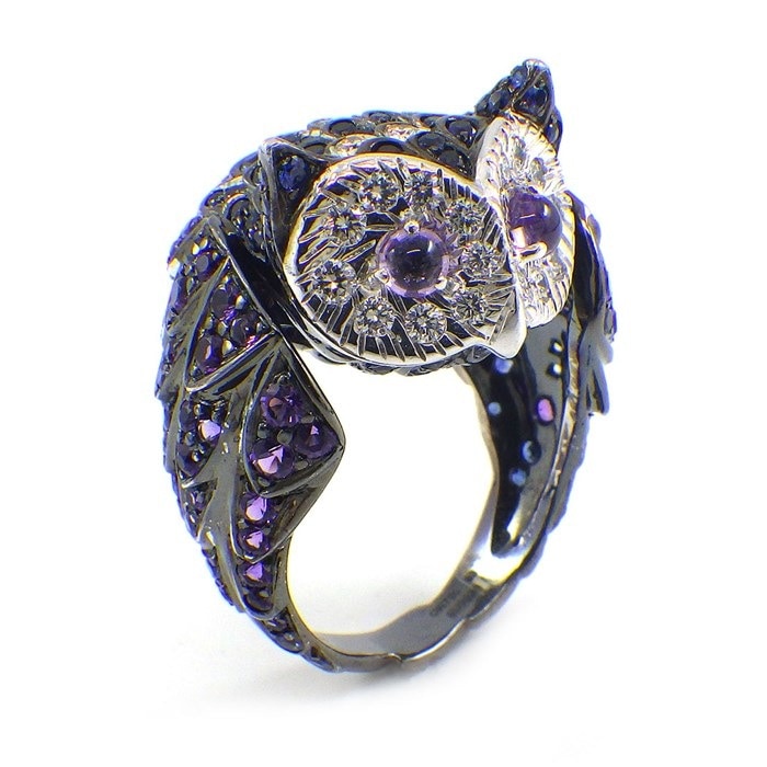 【ブシュロン BOUCHERON】リング ノクチュア アウル シュエット フクロウモチーフ アメジスト サファイア ダイヤモンド K18WG 13号 / #53 【箱・保付き】 