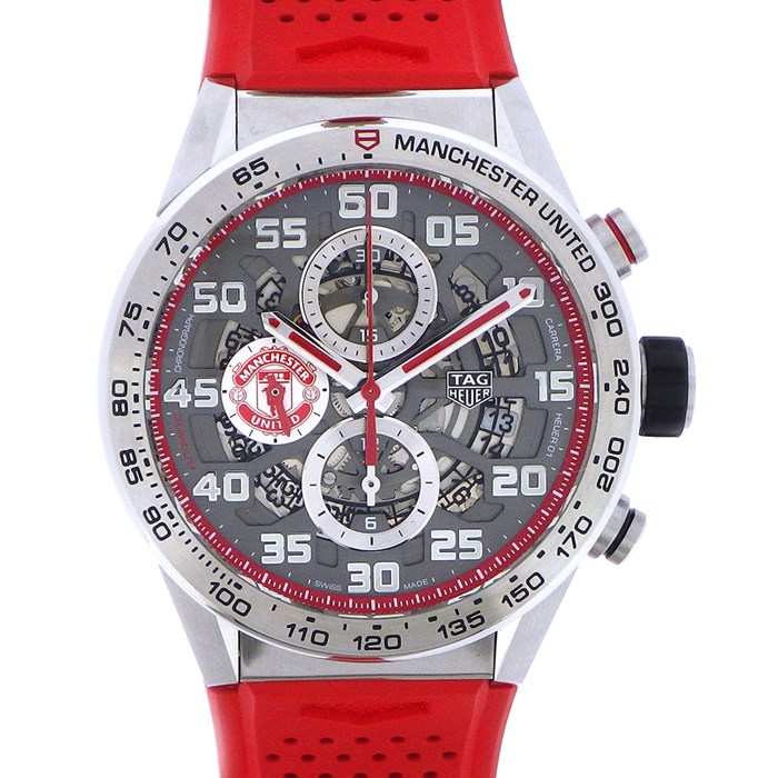 ★最終お値引き品★ 【タグ・ホイヤー TAG Heuer】腕時計 カレラキャリバーホイヤー01 CAR201M.FT6156 マンチェスターユナイテッド コラボモデル カレンダー スモールセコンド スケルトン 文字盤 裏スケ SS レッド ラバー 自動巻き 