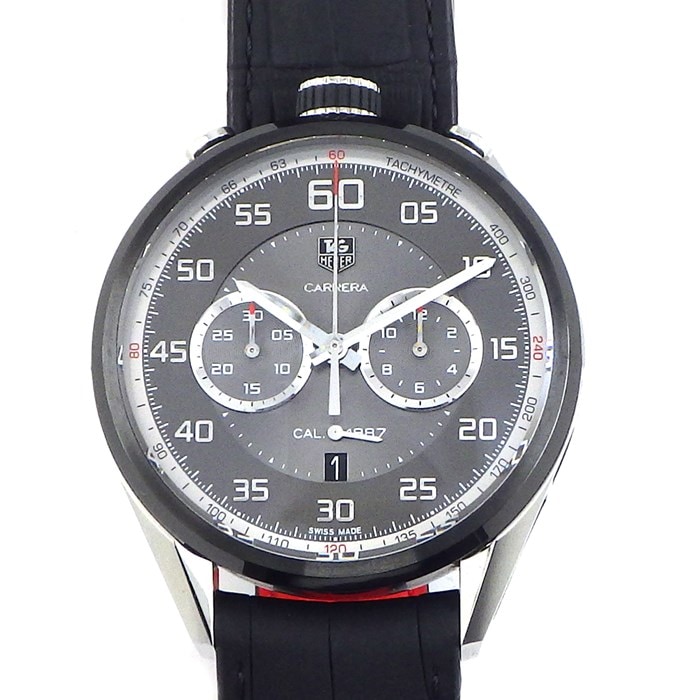 【タグ・ホイヤー TAG Heuer】腕時計 カレラ キャリバー 1887 CAR2C12 FC6327 カレンダー クロノグラフ スモールセコンド 裏スケ グレー 文字盤 SS(PVD) チタン ブラック 黒 アリゲーターレザーベルト 自動巻き 【箱・保付き】 