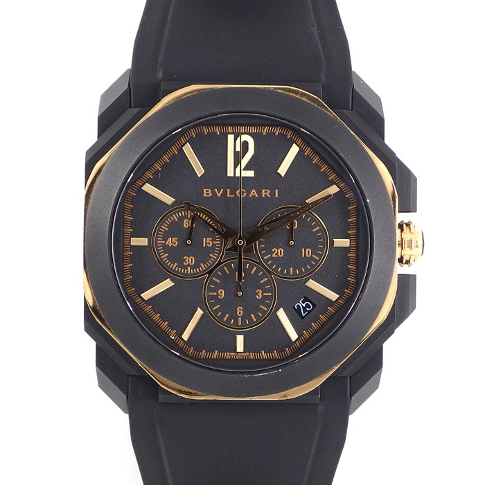 【ブルガリ BVLGARI】腕時計 オクト オリジナーレ ウルトラネロ BGOP41SGCH カレンダー クロノグラフ スモールセコンド 裏スケ ブラック 黒 文字盤 DLC(SS) K18PG ブラック ラバー 自動巻き 【箱・保付き】 