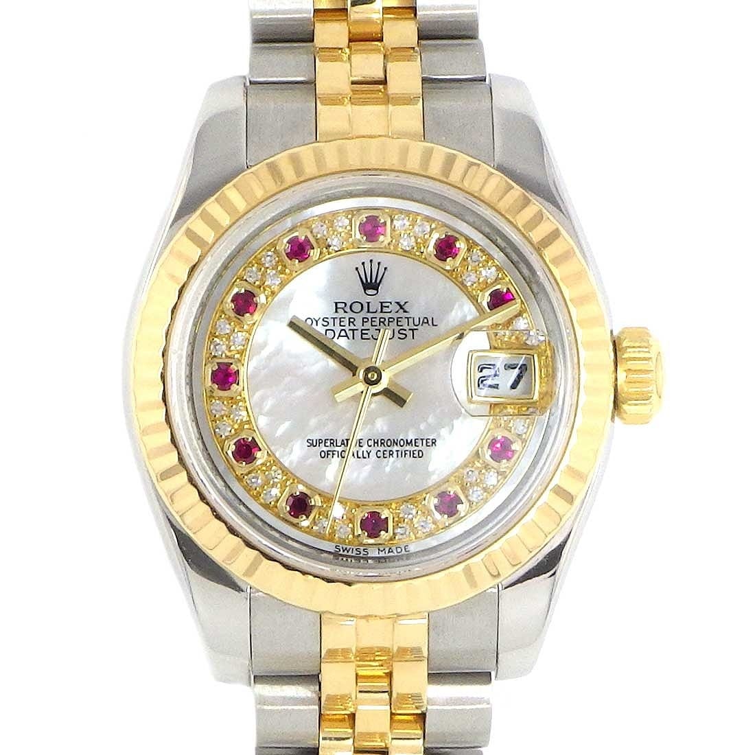 【ロレックス Rolex】腕時計 デイトジャスト 179173NMR ダイヤモンド/11ポイント ルビー インデックス ホワイトシェル 白 文字盤 カレンダー K18YG SS 自動巻き 