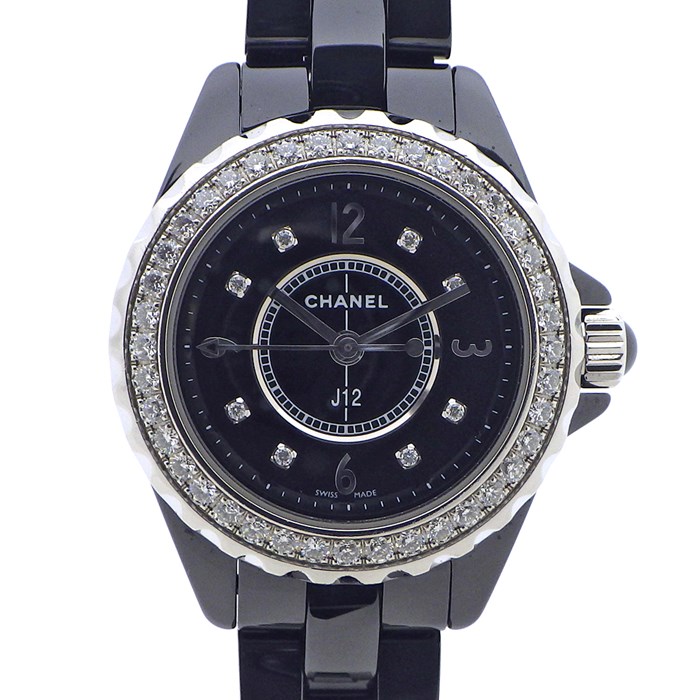【シャネル CHANEL】腕時計 J12 H2571 ダイヤベゼル 8ポイント ダイヤインデックス ブラック文字盤 SS ブラックセラミック 黒 クオーツアナログ 