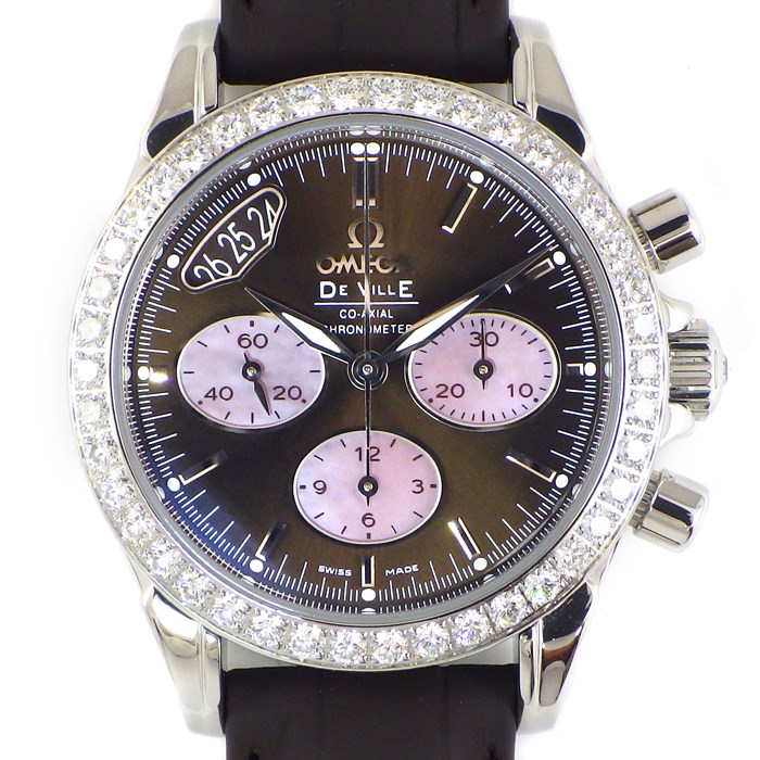 【オメガ OMEGA】腕時計 デビル コーアクシャル 422.18.35.50.13.001 カレンダー クロノグラフ スモールセコンド 裏スケ ブラウンサンレイ / ピンクシェル 文字盤 ダイヤベゼル SS ダークブラウン クロコダイルレザーベルト 自動巻き 【箱・保付き】 