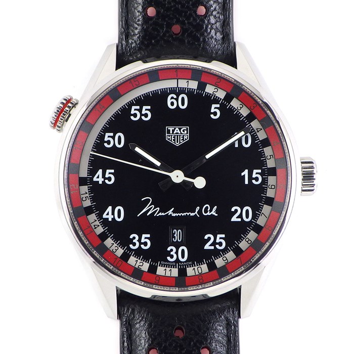 【タグ・ホイヤー TAG Heuer】腕時計 カレラキャリバー5 リングマスター モハメドアリ ボクシング カシアスクレイ チャンピオン WAR2A11FC6337 カレンダー ブラック 黒 文字盤 SS ブラック/レッド レザーベルト 自動巻き 【箱・保付き】 