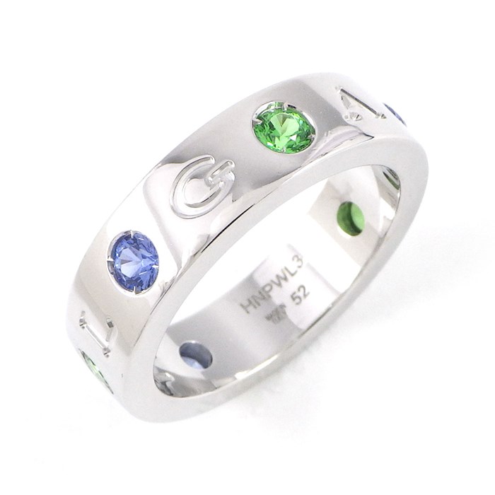 【ブルガリ BVLGARI】リング ローマンソルベ ロゴ 3ポイント サファイア 3ポイント グリーンガーネット 1ポイント ダイヤモンド K18WG 11号 / #52 【箱・保付き】 