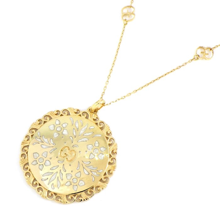 【グッチ GUCCI】ロングネックレス アイコン ブルームス ラウンド サークル フラワー 花 GG ロゴ K18YG エナメル ラッカー 