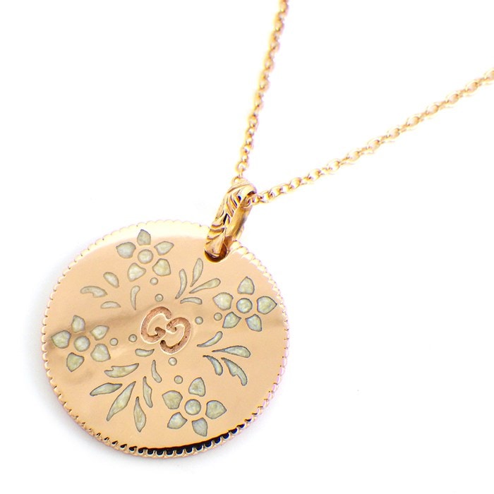 【グッチ GUCCI】ネックレス アイコン ブルームス ラウンド サークル フラワー 花 GG ロゴ K18PG エナメル ラッカー 