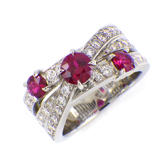 【ハリーウィンストン HARRY WINSTON】リング ジオメトリック 3ロウ 3ポイント ルビー ハーフ ダイヤモンド PT950 12.5号 【箱・保付き】 